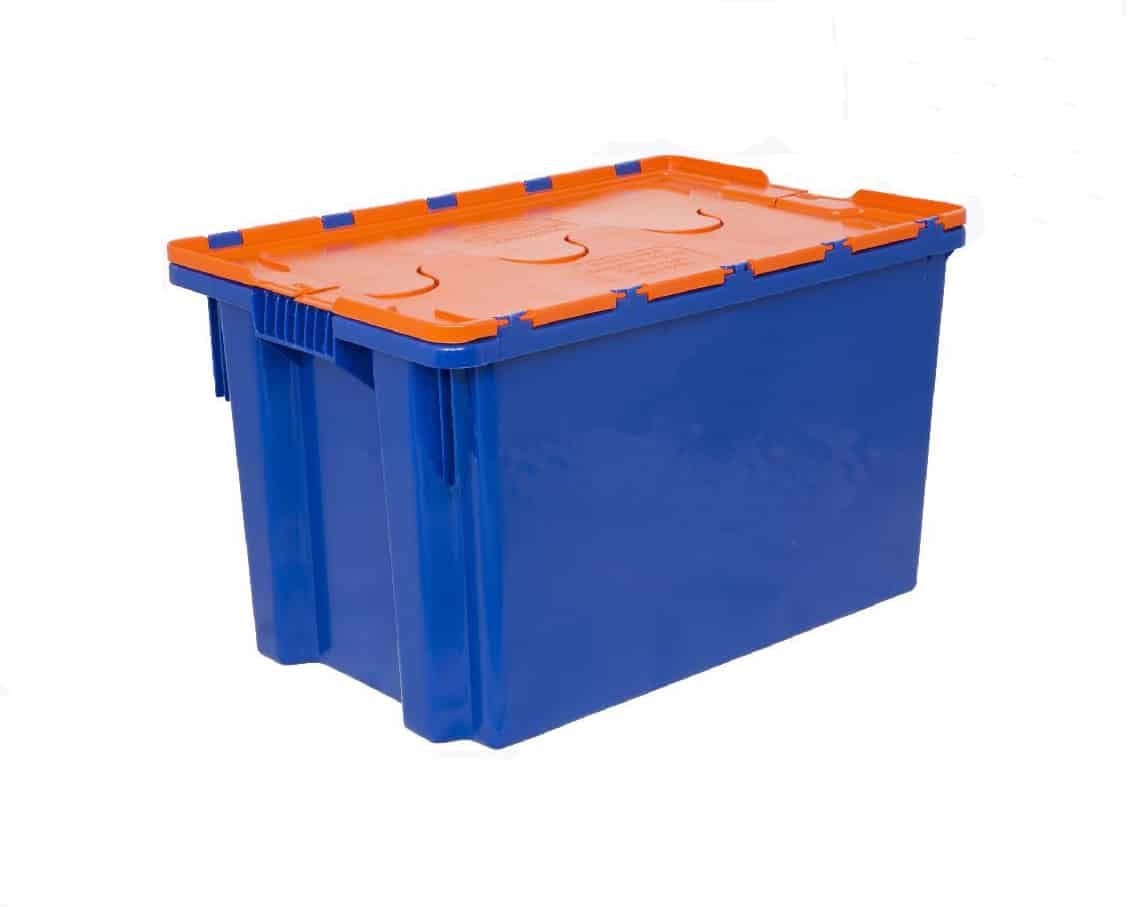 Ящик синий универсальный сплошной с оранжевой крышкой на петлях